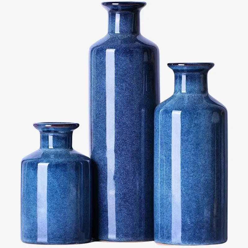 Lot de 3 Vases en Céramique Bleu Émaillé – Élégance et Modernité