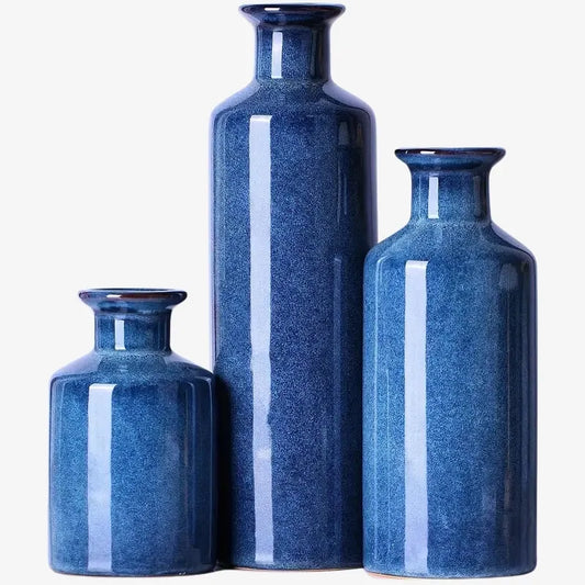 Lot de 3 Vases en Céramique Bleu Émaillé – Élégance et Modernité